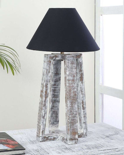 Sophisticated Mango Wood Table Lamp with Cotton Shade | Bulb Not Included | 10 x 10 x 18 inches