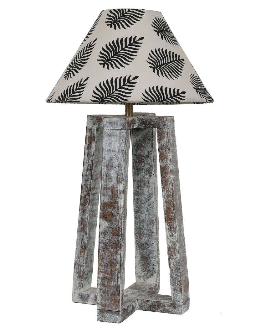 Mango Wood Table Lamp with Leaves Printed Cotton Shade | Bulb Not Included | 10 x 10 x 18 inches