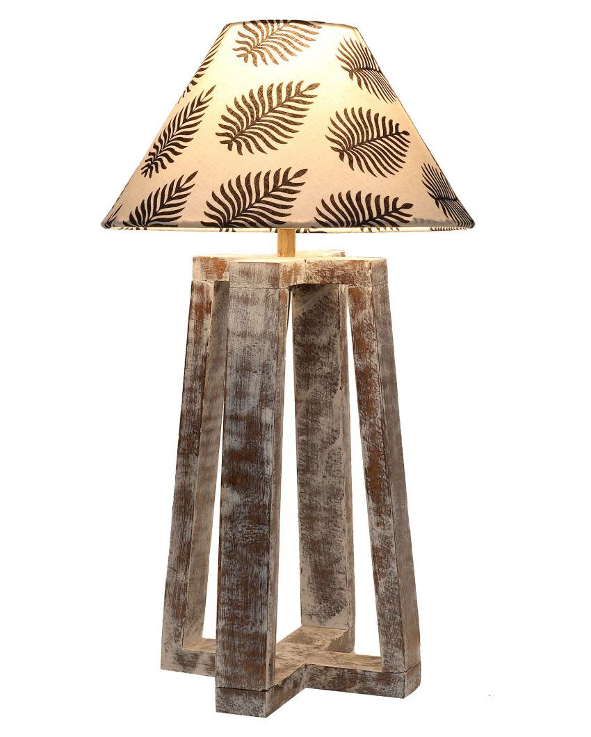 Mango Wood Table Lamp with Leaves Printed Cotton Shade | Bulb Not Included | 10 x 10 x 18 inches