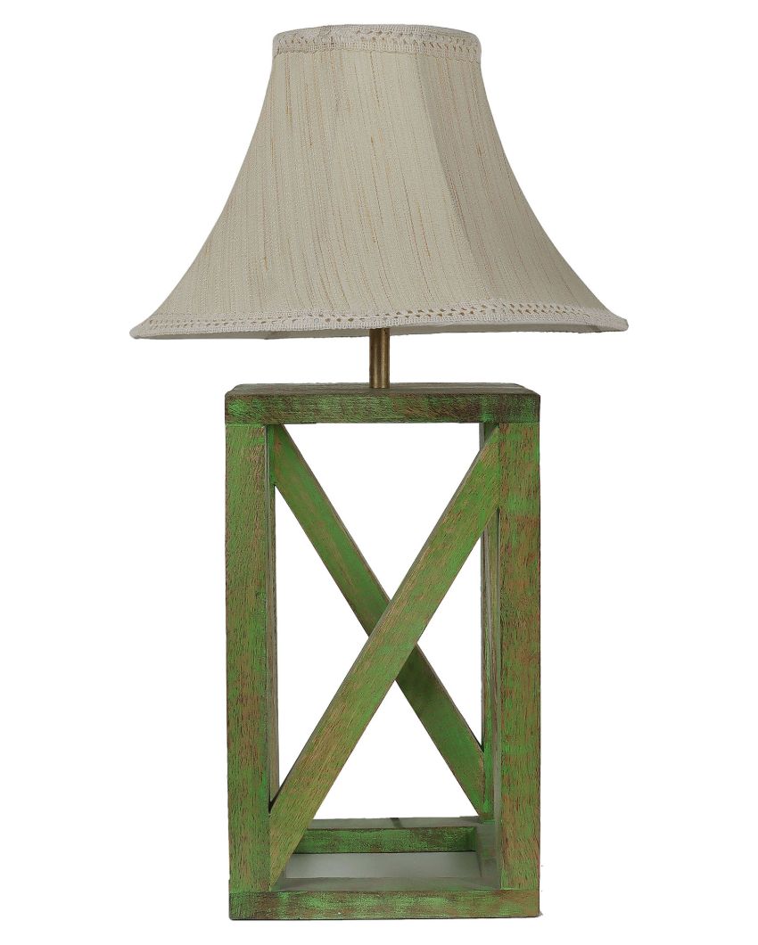 Cris-cross Mango Wood Base Table Lamp with Cotton Shade | Bulb Not Included | 12 x 12 x 20 inches