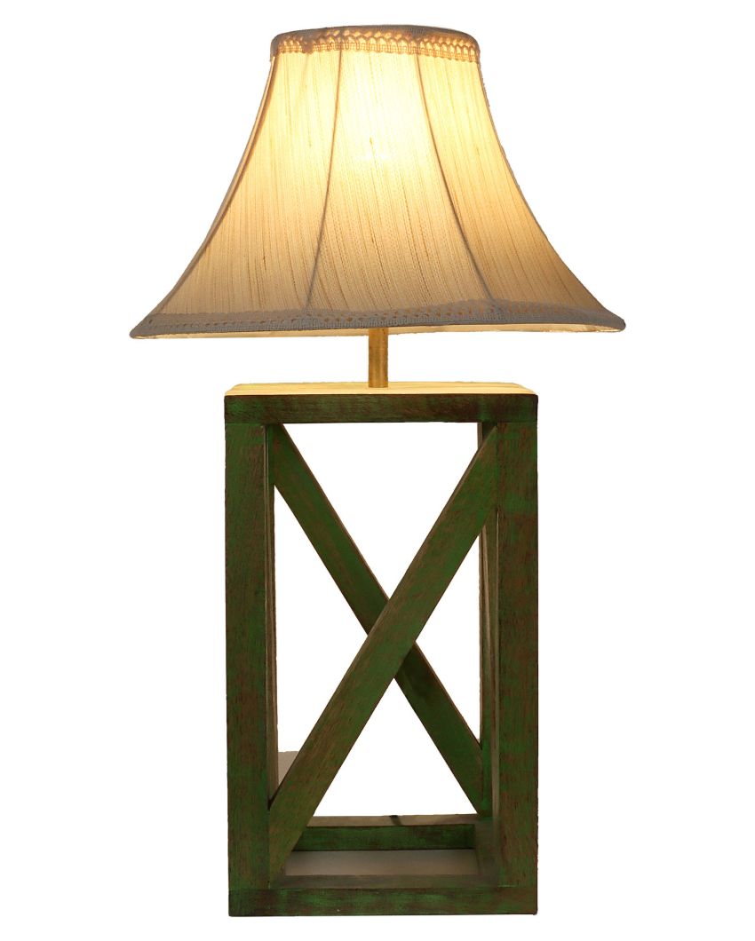 Cris-cross Mango Wood Base Table Lamp with Cotton Shade | Bulb Not Included | 12 x 12 x 20 inches