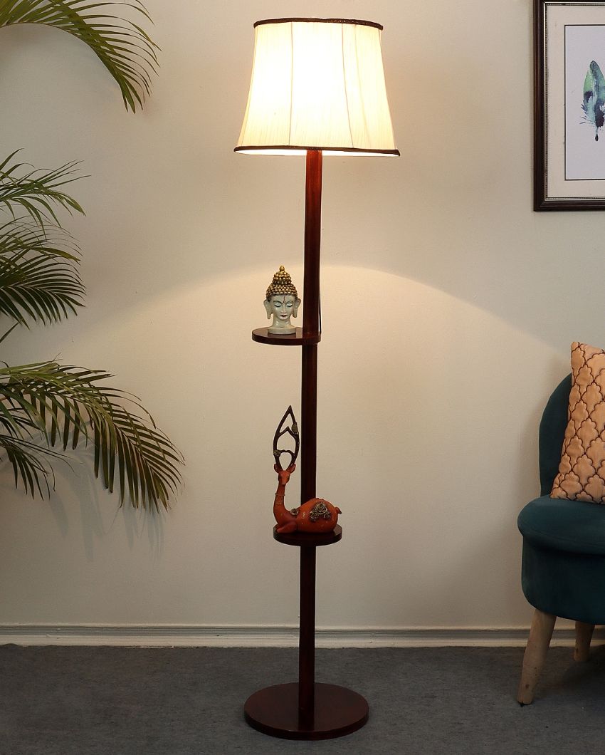 Antiquity Design Mango Wood Base Floor Lamp with Cotton Shade | Bulb Not Included | 14 x 14 x 61 inches