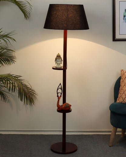 Time-honored Mango Wood Base Floor Lamp with Cotton Shade | Bulb Not Included | 14 x 14 x 59 inches