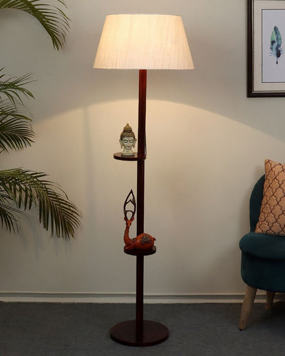 Time-honored Mango Wood Base Floor Lamp with Cotton Shade | Bulb Not Included | 14 x 14 x 59 inches