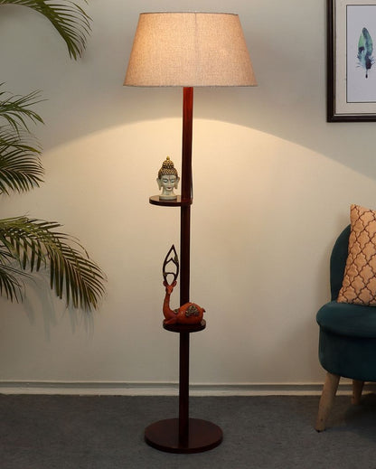 Time-honored Mango Wood Base Floor Lamp with Cotton Shade | Bulb Not Included | 14 x 14 x 59 inches