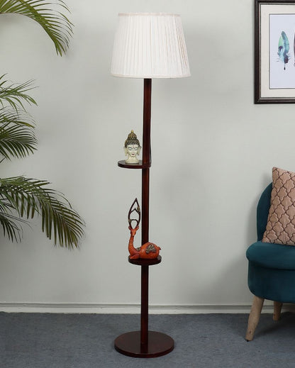 Customary Mango Wood Base Floor Lamp with Poly Satin Mix Shade | Bulb Not Included | 14 x 14 x 61 inches