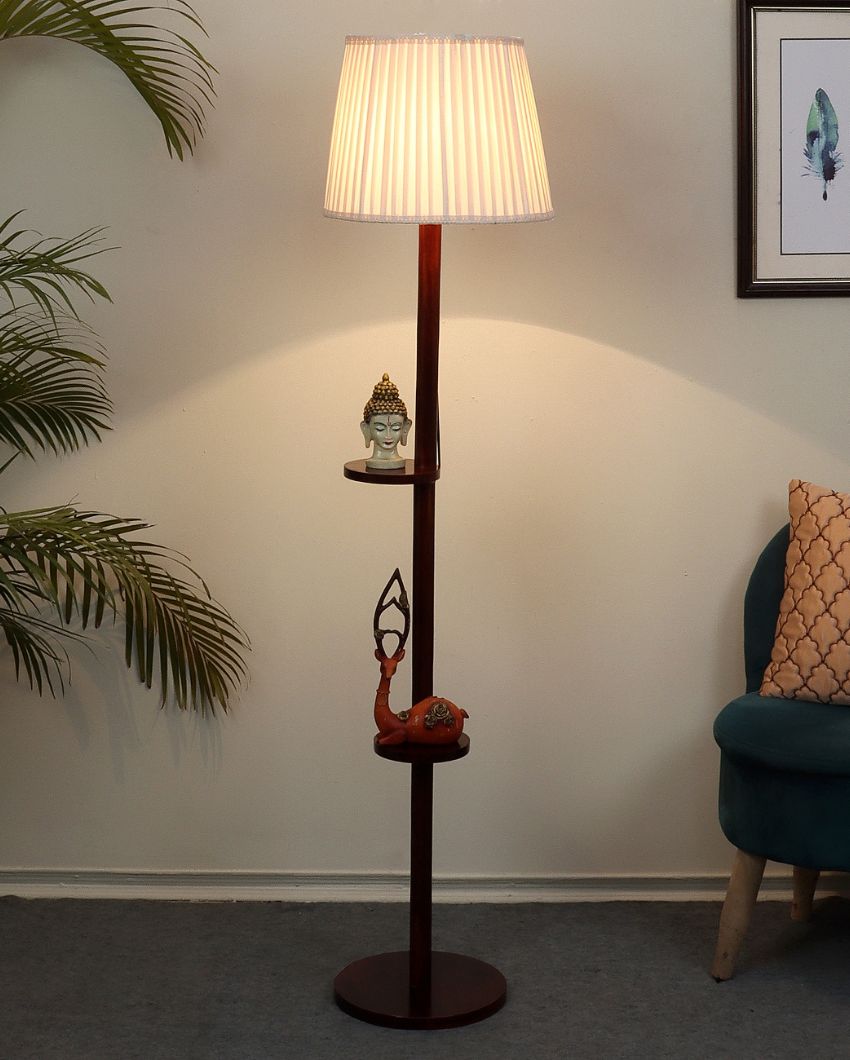 Customary Mango Wood Base Floor Lamp with Poly Satin Mix Shade | Bulb Not Included | 14 x 14 x 61 inches