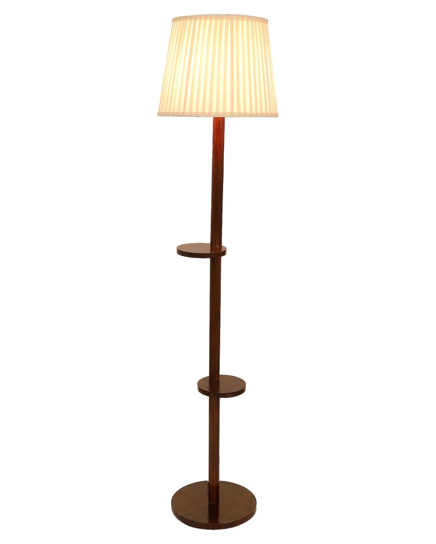 Customary Mango Wood Base Floor Lamp with Poly Satin Mix Shade | Bulb Not Included | 14 x 14 x 61 inches