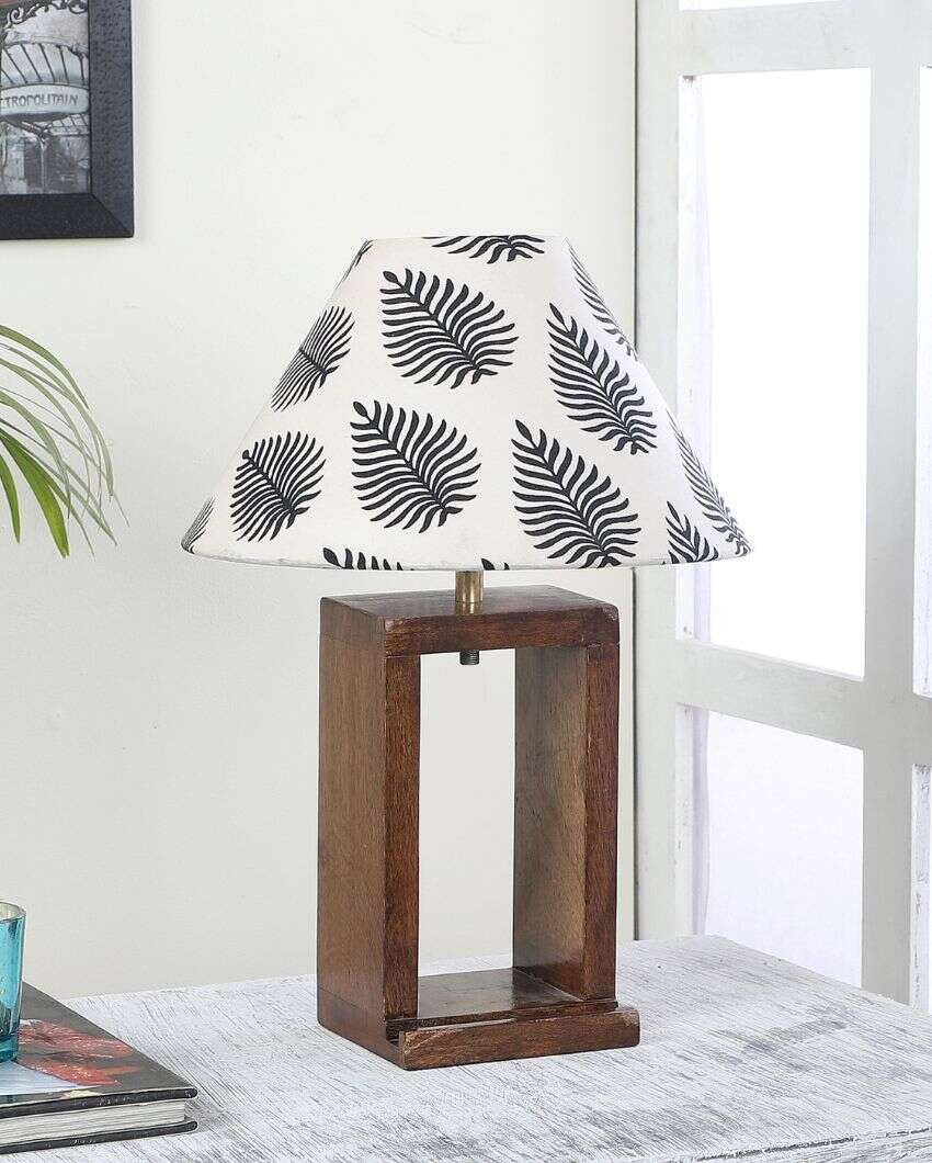 Natural Mango Wood Base Table Lamp with Leaves Printed Cotton Shade | Bulb Not Included | 10 x 10 x 14 inches