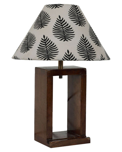 Natural Mango Wood Base Table Lamp with Leaves Printed Cotton Shade | Bulb Not Included | 10 x 10 x 14 inches