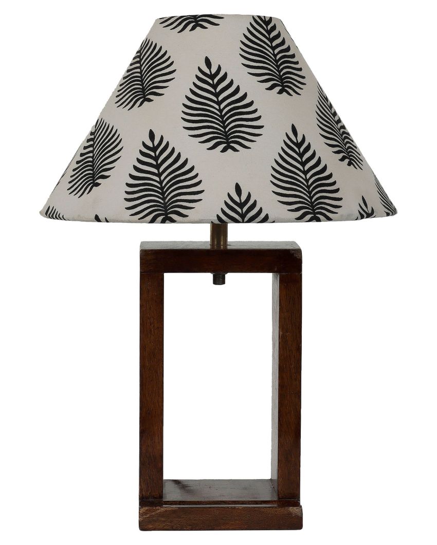 Natural Mango Wood Base Table Lamp with Leaves Printed Cotton Shade | Bulb Not Included | 10 x 10 x 14 inches