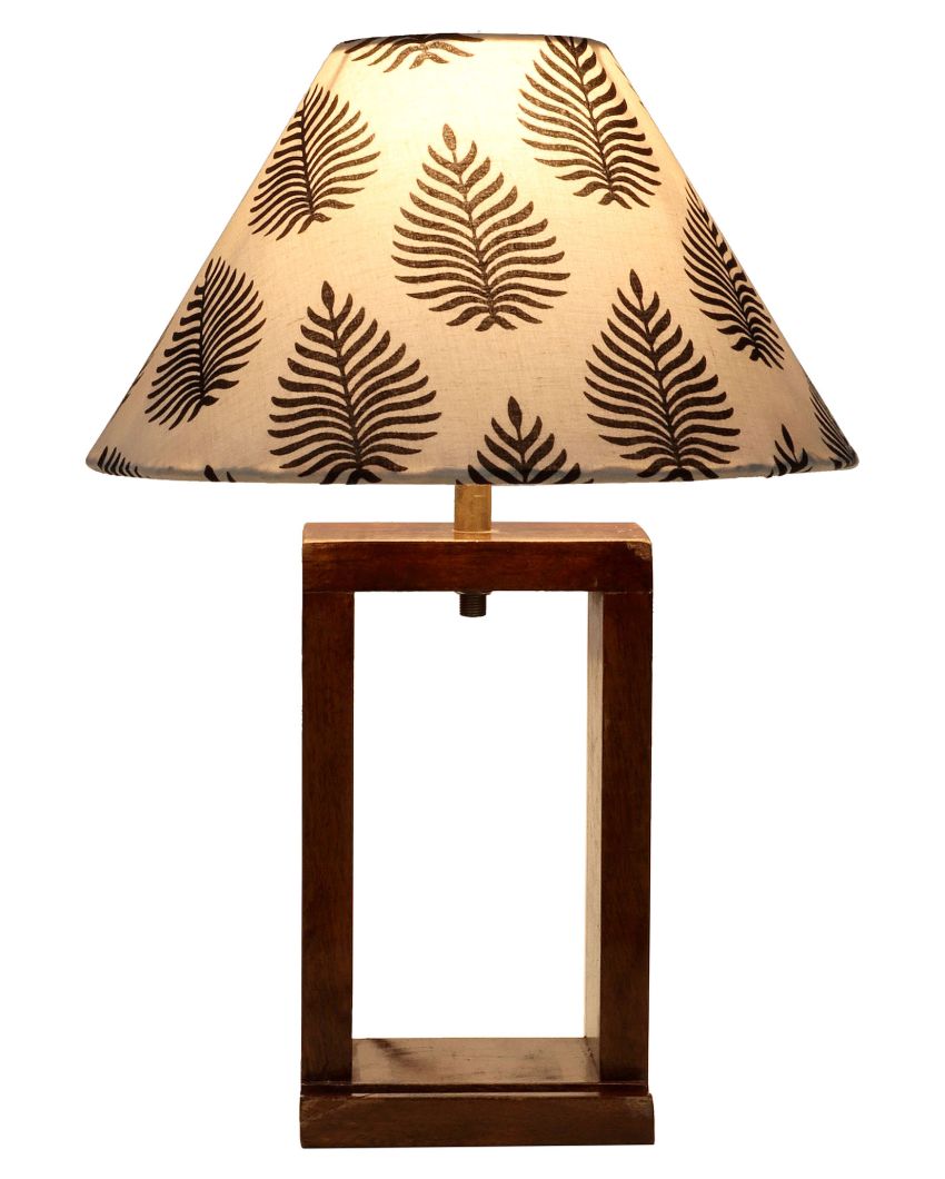 Natural Mango Wood Base Table Lamp with Leaves Printed Cotton Shade | Bulb Not Included | 10 x 10 x 14 inches