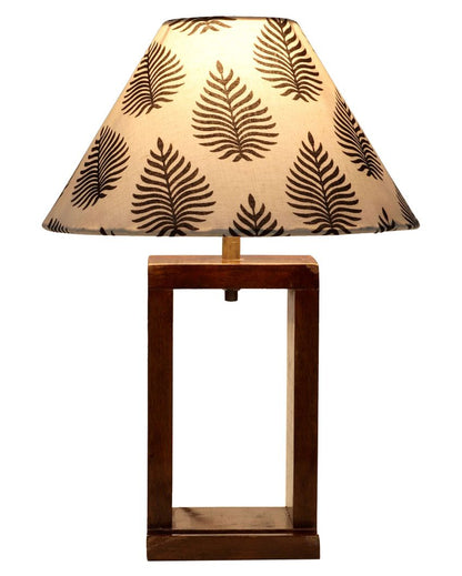 Natural Mango Wood Base Table Lamp with Leaves Printed Cotton Shade | Bulb Not Included | 10 x 10 x 14 inches