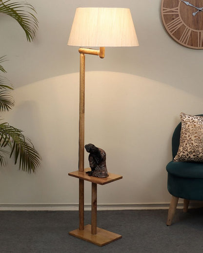 Lush and Cozy Mango Wood Base Floor Lamp with Cotton Shade | Bulb Not Included | 18 x 14 x 61 inches