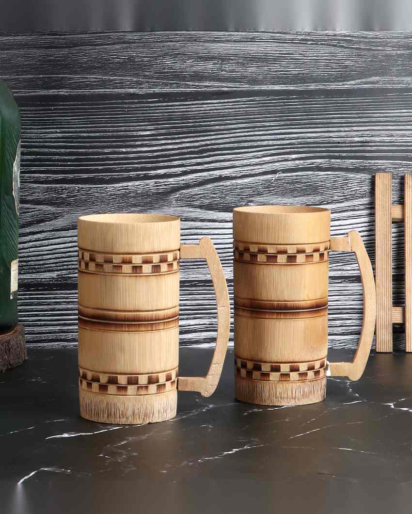 Unique Finish Bamboo Beer Mug Smoked Checkered Design| Beige | Set of 2 | 7 x 4 inches