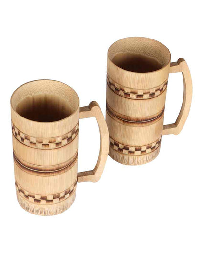 Unique Finish Bamboo Beer Mug Smoked Checkered Design| Beige | Set of 2 | 7 x 4 inches