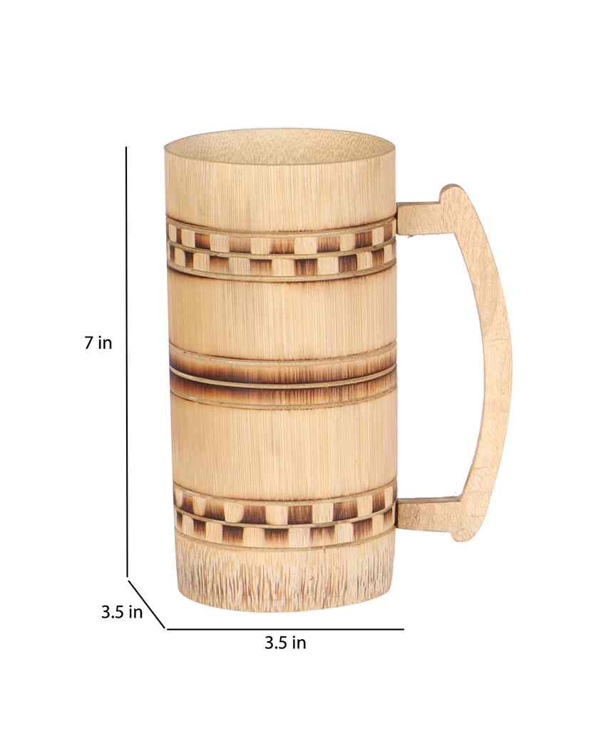 Unique Finish Bamboo Beer Mug Smoked Checkered Design| Beige | Set of 2 | 7 x 4 inches