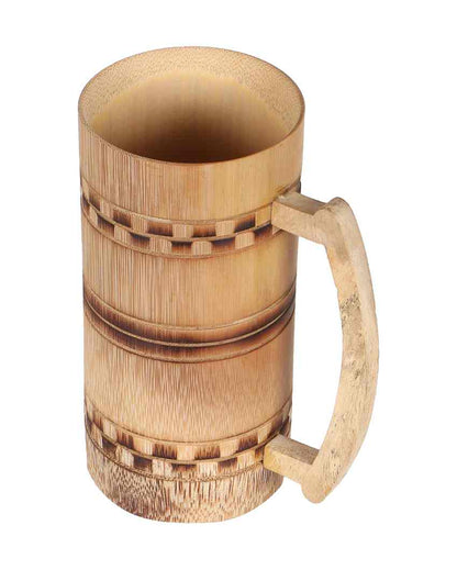 Unique Finish Bamboo Beer Mug Smoked Checkered Design| Beige | Set of 2 | 7 x 4 inches