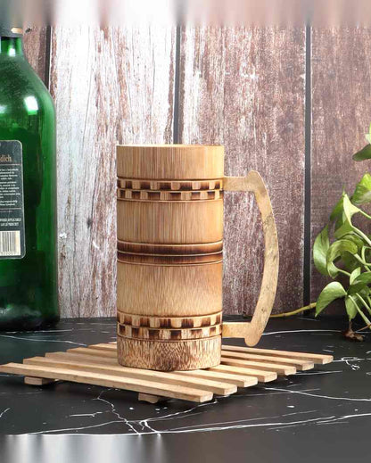 Unique Finish Bamboo Beer Mug Smoked Checkered Design| Beige | Set of 2 | 7 x 4 inches