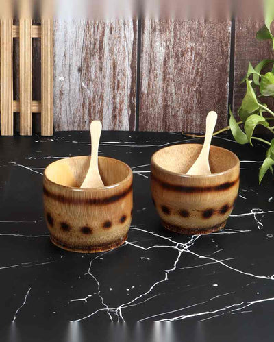 Rustic Charm Handmade Bamboo Bowl with Spoon | Beige| Set of 2 | 4 x 4 inches