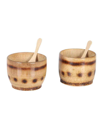 Rustic Charm Handmade Bamboo Bowl with Spoon | Beige| Set of 2 | 4 x 4 inches