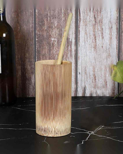 Refreshing and Stylish Bamboo Juice Glass with Straw | Beige | Set of 2 | 6 inches