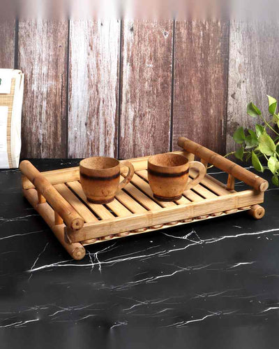 Functional Design Bamboo Tray with Tea Cup Duo| Beige | Pack of 3