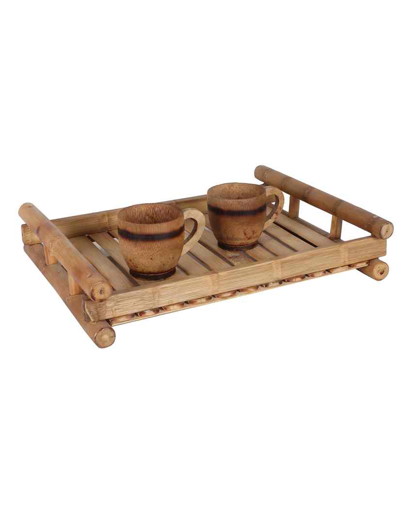 Functional Design Bamboo Tray with Tea Cup Duo| Beige | Pack of 3