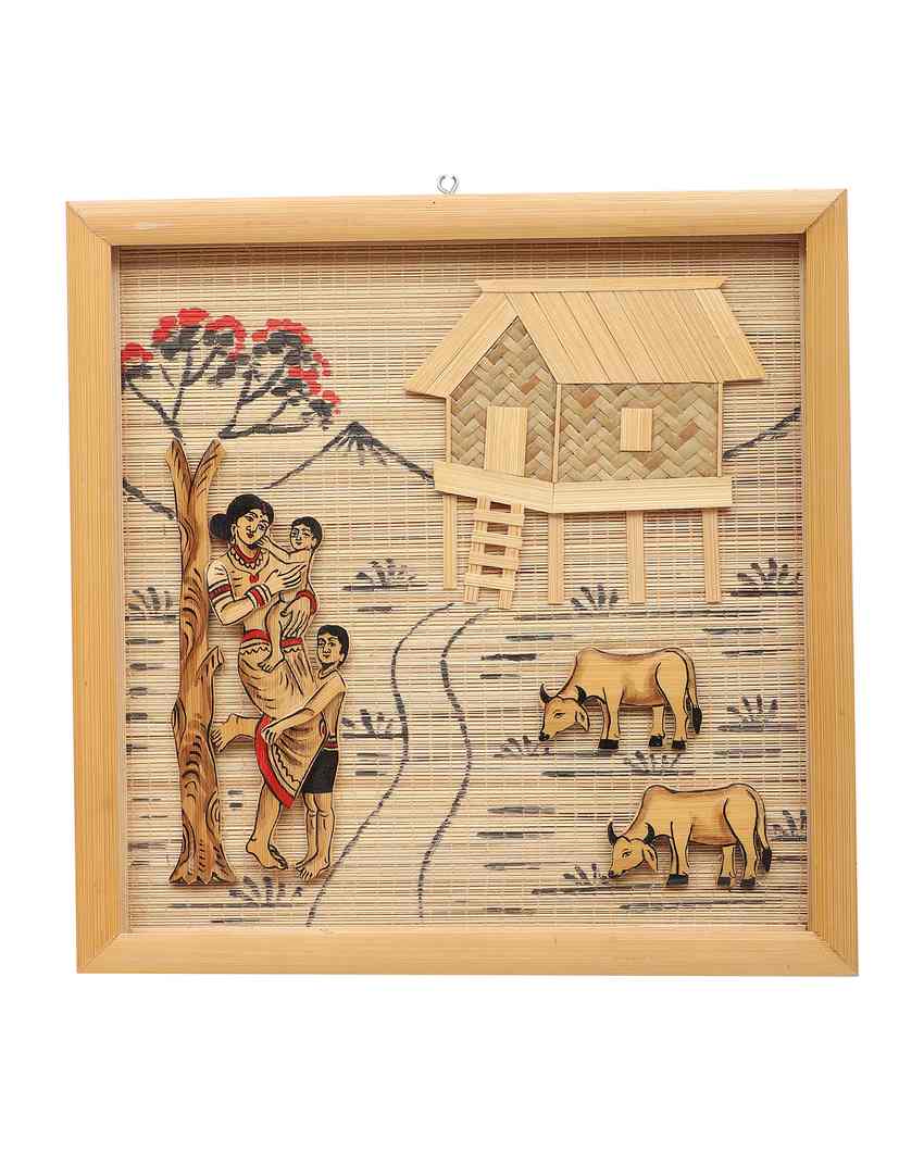 Rustic Art Bamboo Wall Hanging Village Scene | Beige| 12 x 12 inches