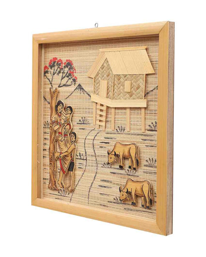 Rustic Art Bamboo Wall Hanging Village Scene | Beige| 12 x 12 inches