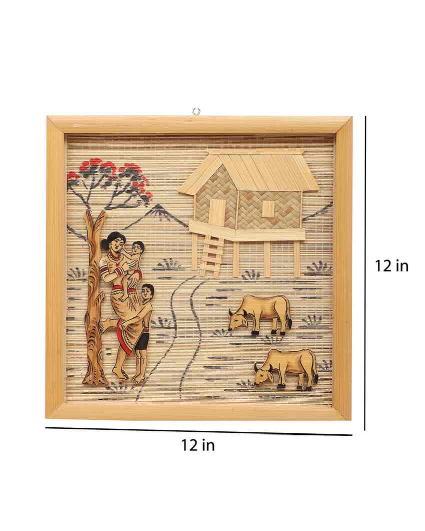 Rustic Art Bamboo Wall Hanging Village Scene | Beige| 12 x 12 inches