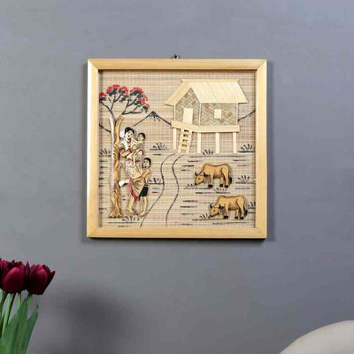 Rustic Art Bamboo Wall Hanging Village Scene | Beige| 12 x 12 inches