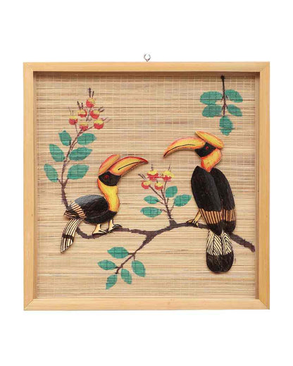 Unique and Beautiful Bamboo Wall Hanging Pair of Hornbill Birds | Beige| 12 x 12 inches