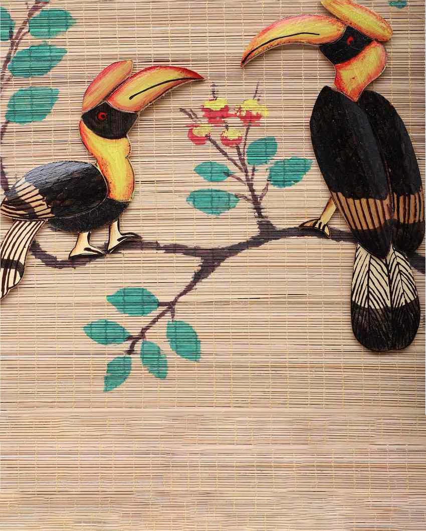 Unique and Beautiful Bamboo Wall Hanging Pair of Hornbill Birds | Beige| 12 x 12 inches