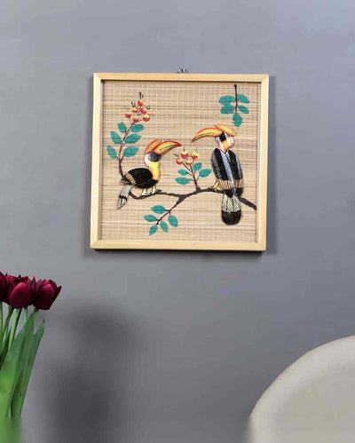 Unique and Beautiful Bamboo Wall Hanging Pair of Hornbill Birds | Beige| 12 x 12 inches