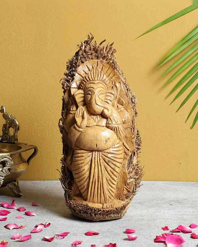 Sacred Symbol Detailed Craftsmanship Hand Carved Bamboo Ganesh Idol | Beige