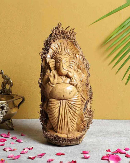 Sacred Symbol Detailed Craftsmanship Hand Carved Bamboo Ganesh Idol | Beige