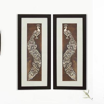 Aesthetic & Beautiful Peacock Feather Wall Painting With Brown Frame | Pack of 2 | 10 x 23 inches