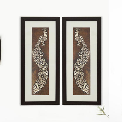 Aesthetic & Beautiful Peacock Feather Wall Painting With Brown Frame | Pack of 2 | 10 x 23 inches