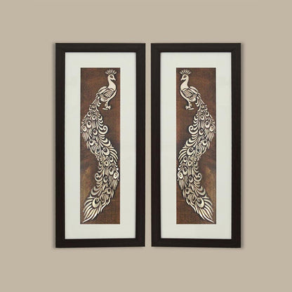 Aesthetic & Beautiful Peacock Feather Wall Painting With Brown Frame | Pack of 2 | 10 x 23 inches