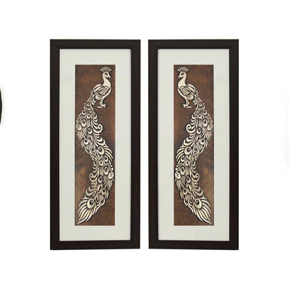 Aesthetic & Beautiful Peacock Feather Wall Painting With Brown Frame | Pack of 2 | 10 x 23 inches