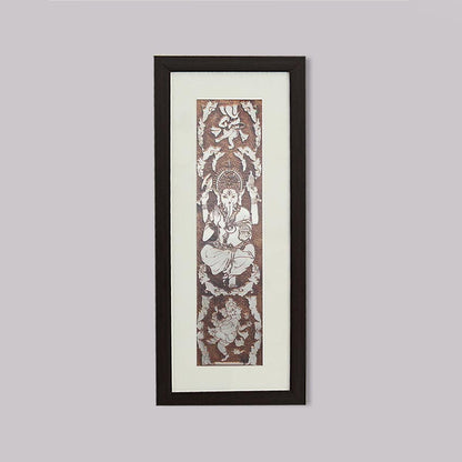 Divine Lord Ganesh Wall Painting With Brown Frame | 10 x 23 inches