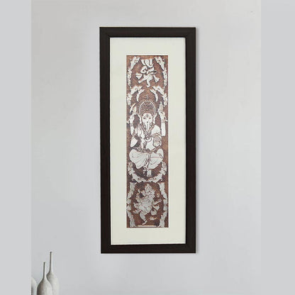Divine Lord Ganesh Wall Painting With Brown Frame | 10 x 23 inches
