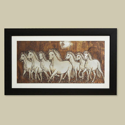 Seven Horses Running Wall Painting With Brown Frame | 28 x 16 inches