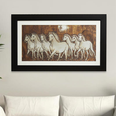 Seven Horses Running Wall Painting With Brown Frame | 28 x 16 inches