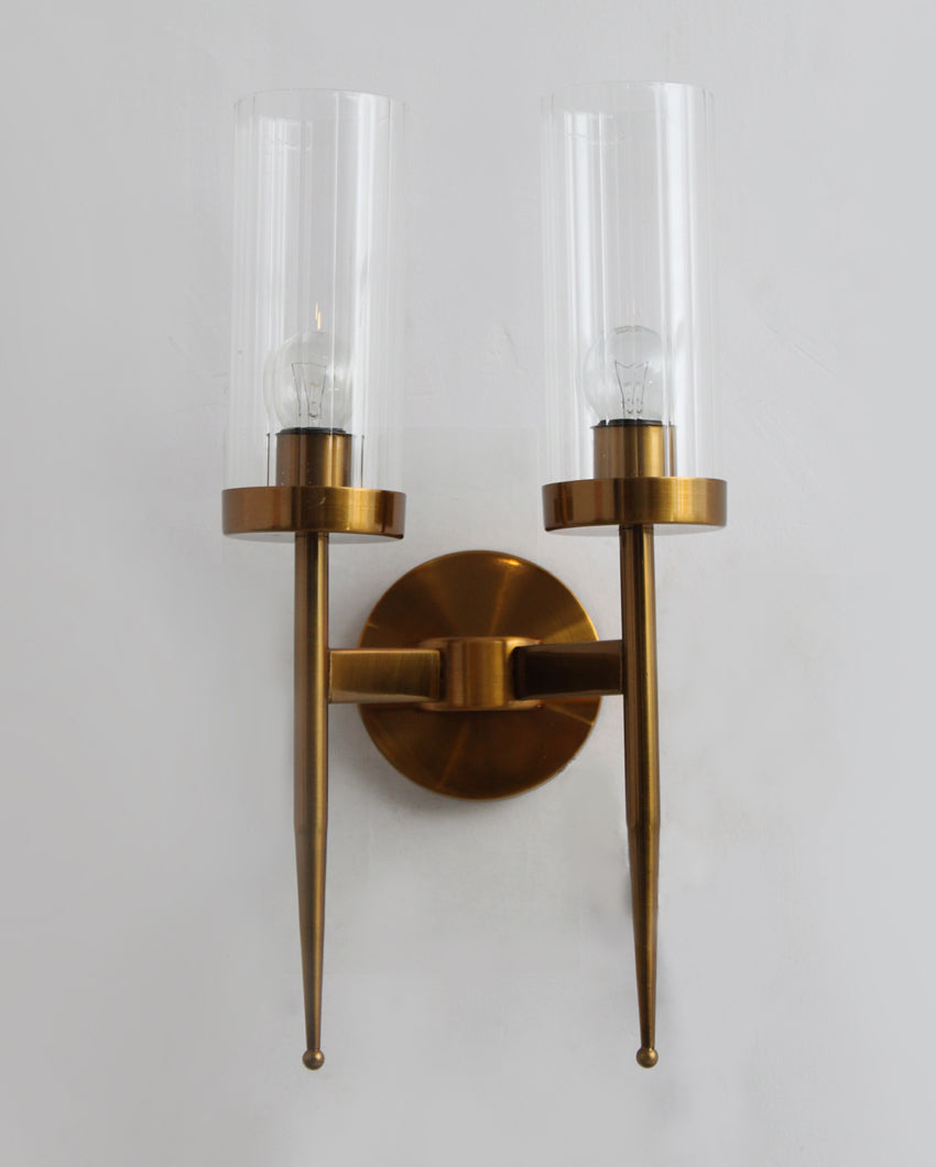 Bright Reflection Cylindrical Dual Arm & Clear Glass Gold Finish Wall Light | 9 x 17 inches