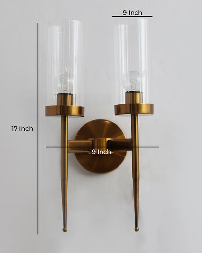 Bright Reflection Cylindrical Dual Arm & Clear Glass Gold Finish Wall Light | 9 x 17 inches