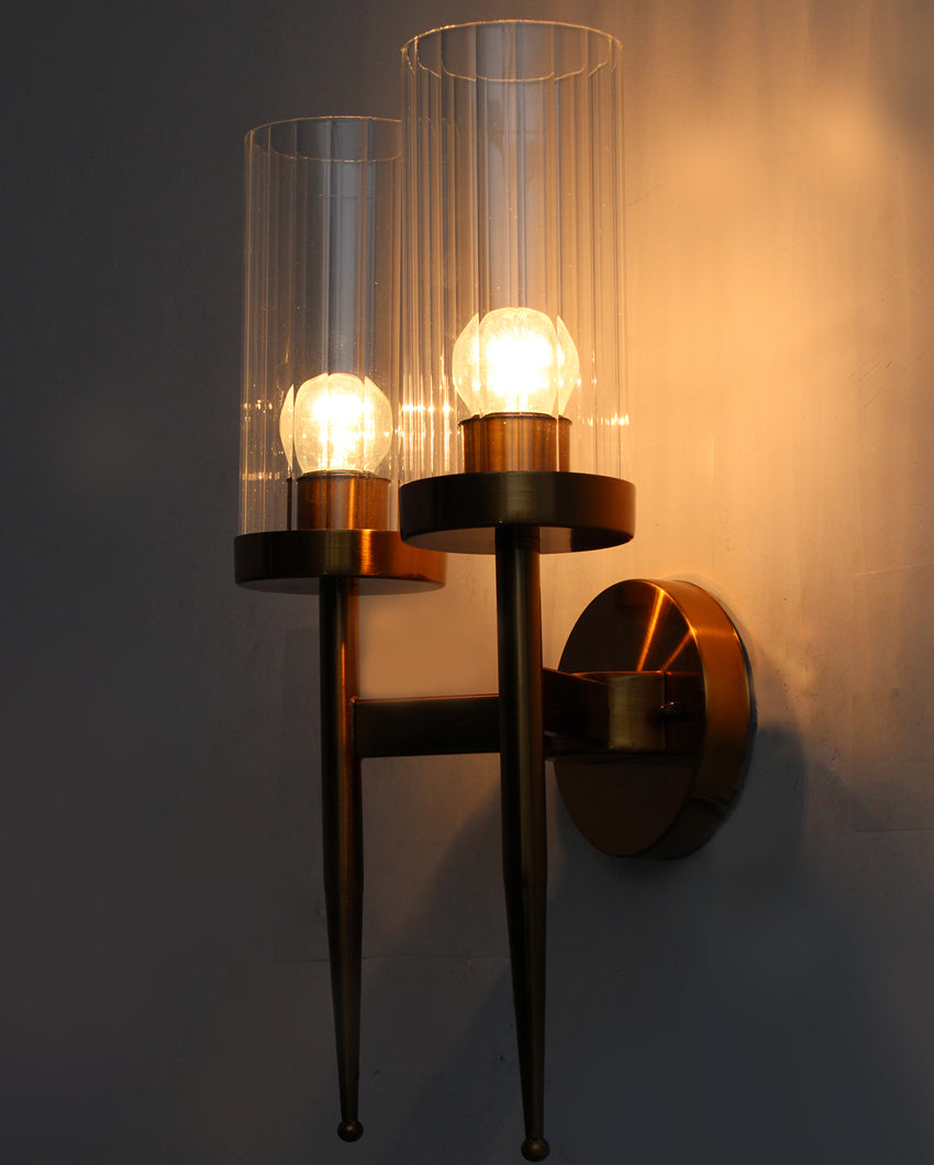 Bright Reflection Cylindrical Dual Arm & Clear Glass Gold Finish Wall Light | 9 x 17 inches