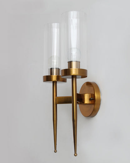 Bright Reflection Cylindrical Dual Arm & Clear Glass Gold Finish Wall Light | 9 x 17 inches