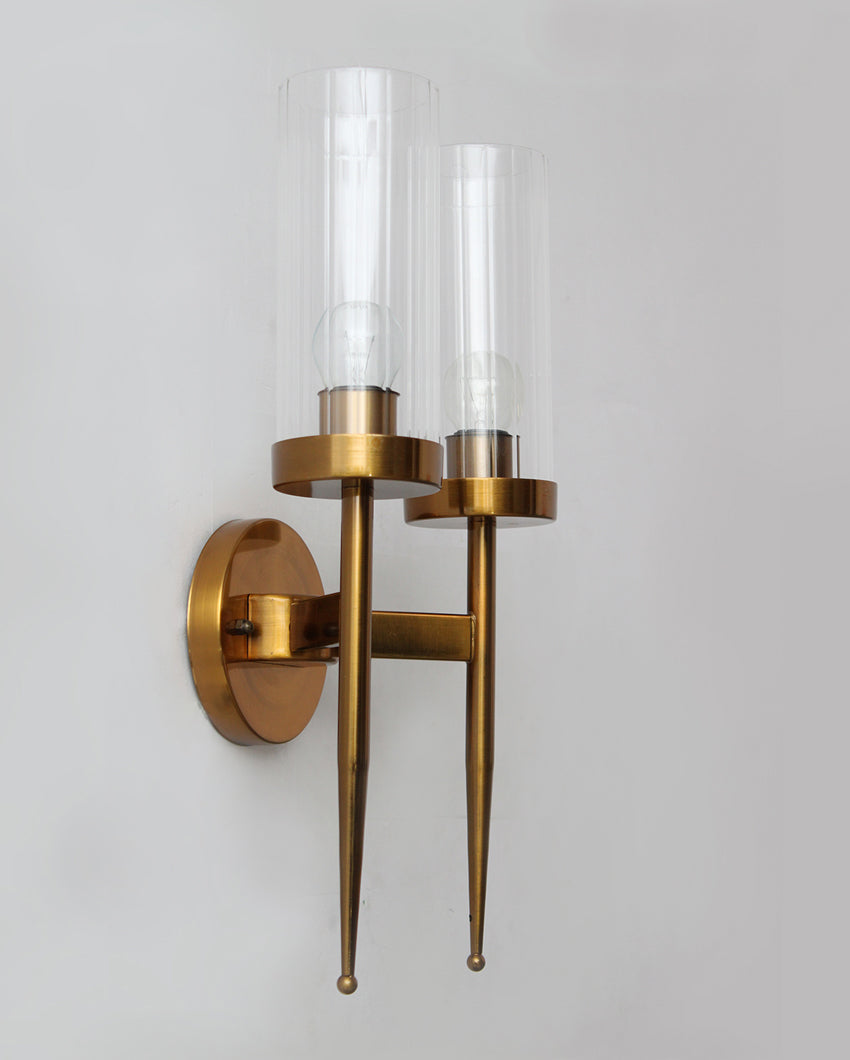 Bright Reflection Cylindrical Dual Arm & Clear Glass Gold Finish Wall Light | 9 x 17 inches